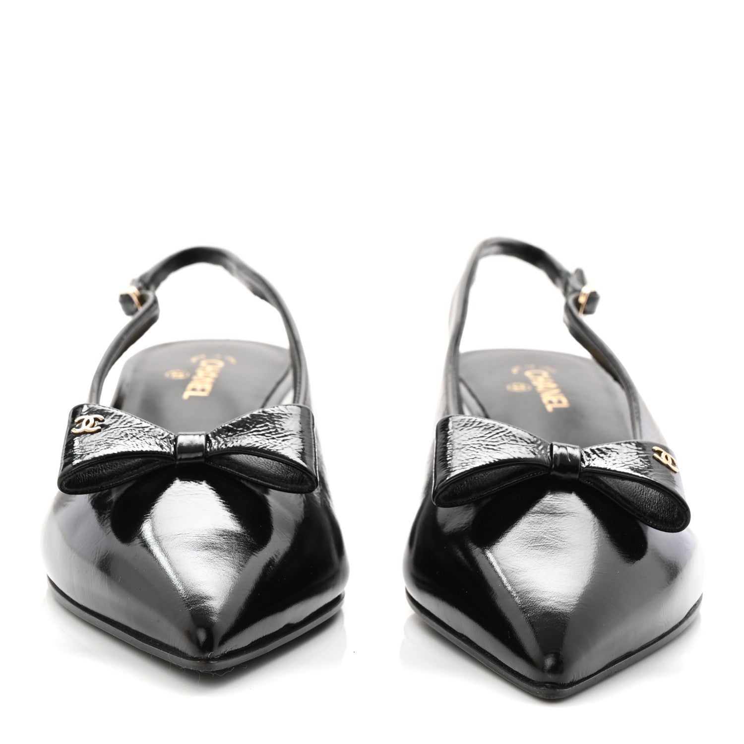 Crumpled Patent Calfskin CC Bow Slingback Pumps 37.5 Black