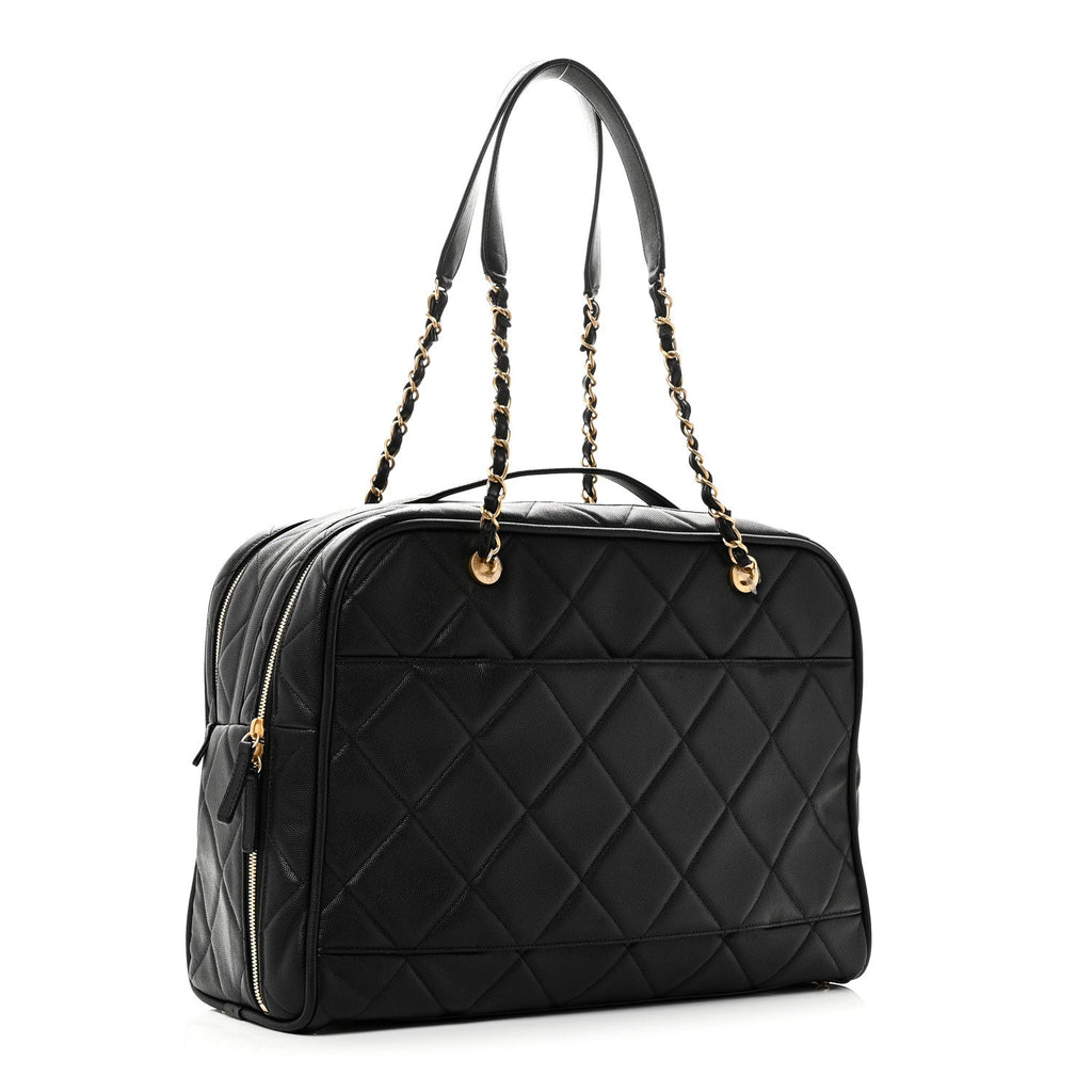 Chanel Shiny Grained Calfskin Quilted Travel Bowling Bag Black