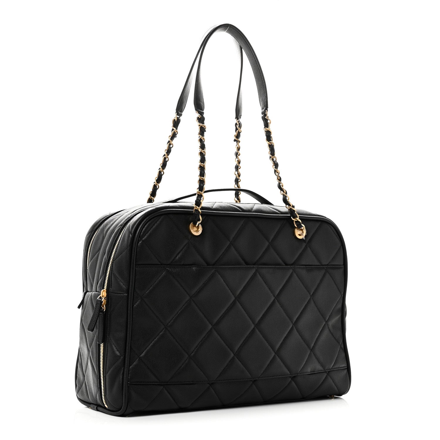 Chanel Shiny Grained Calfskin Quilted Travel Bowling Bag Black