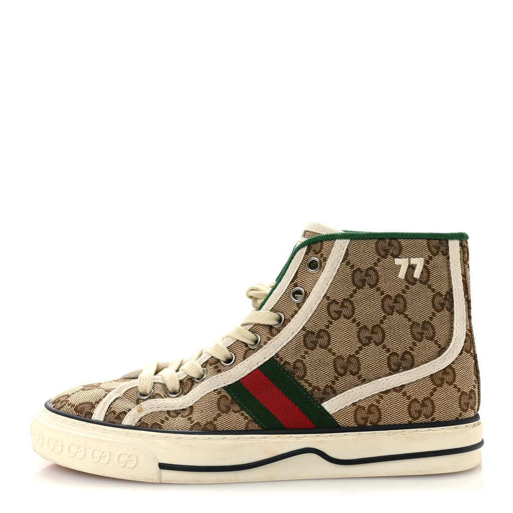 Gucci GG Monogram Web Womens 1977 Tennis High Top Sneakers 37 Beige Ebony Mystic White
