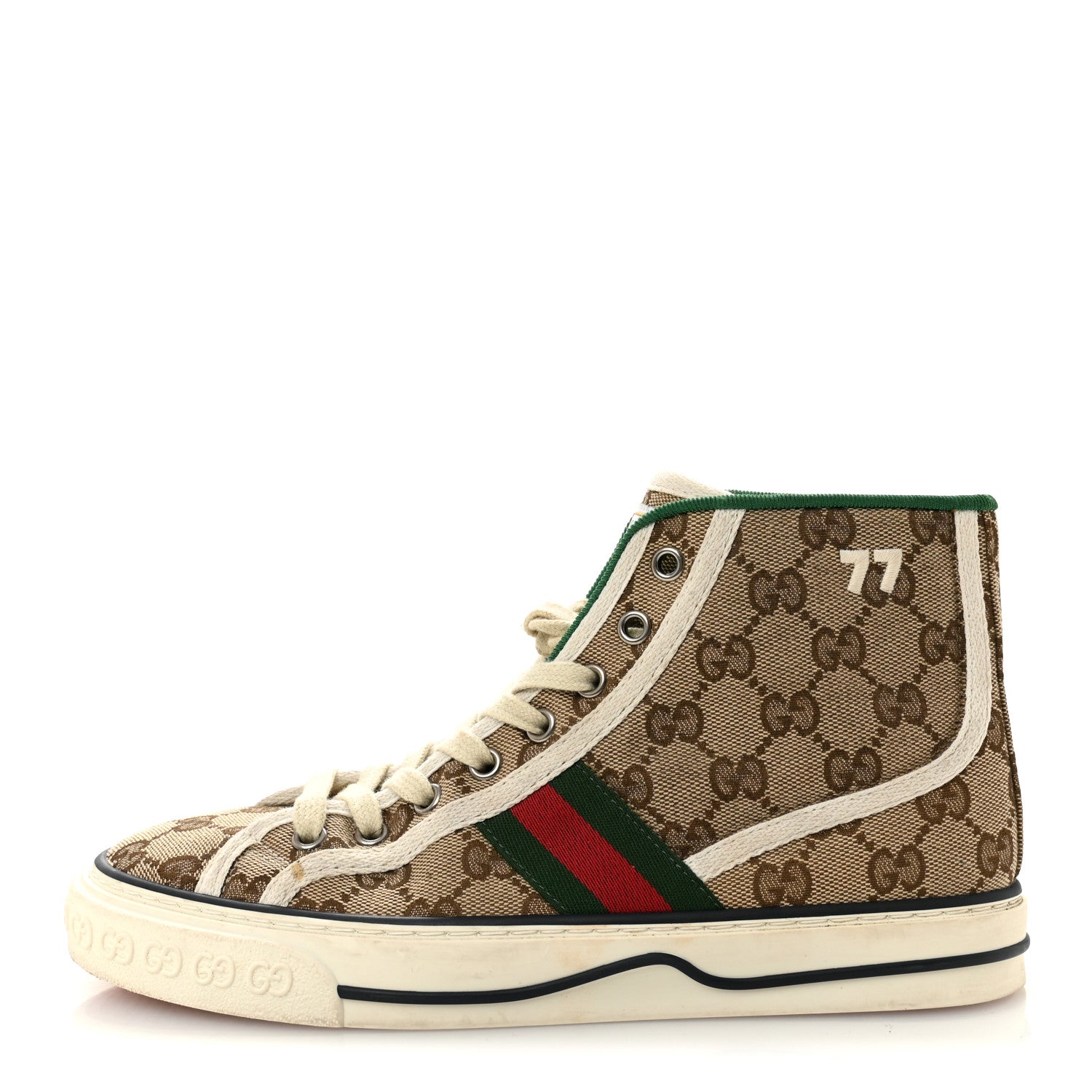 Gucci GG Monogram Web Womens 1977 Tennis High Top Sneakers 37 Beige Ebony Mystic White