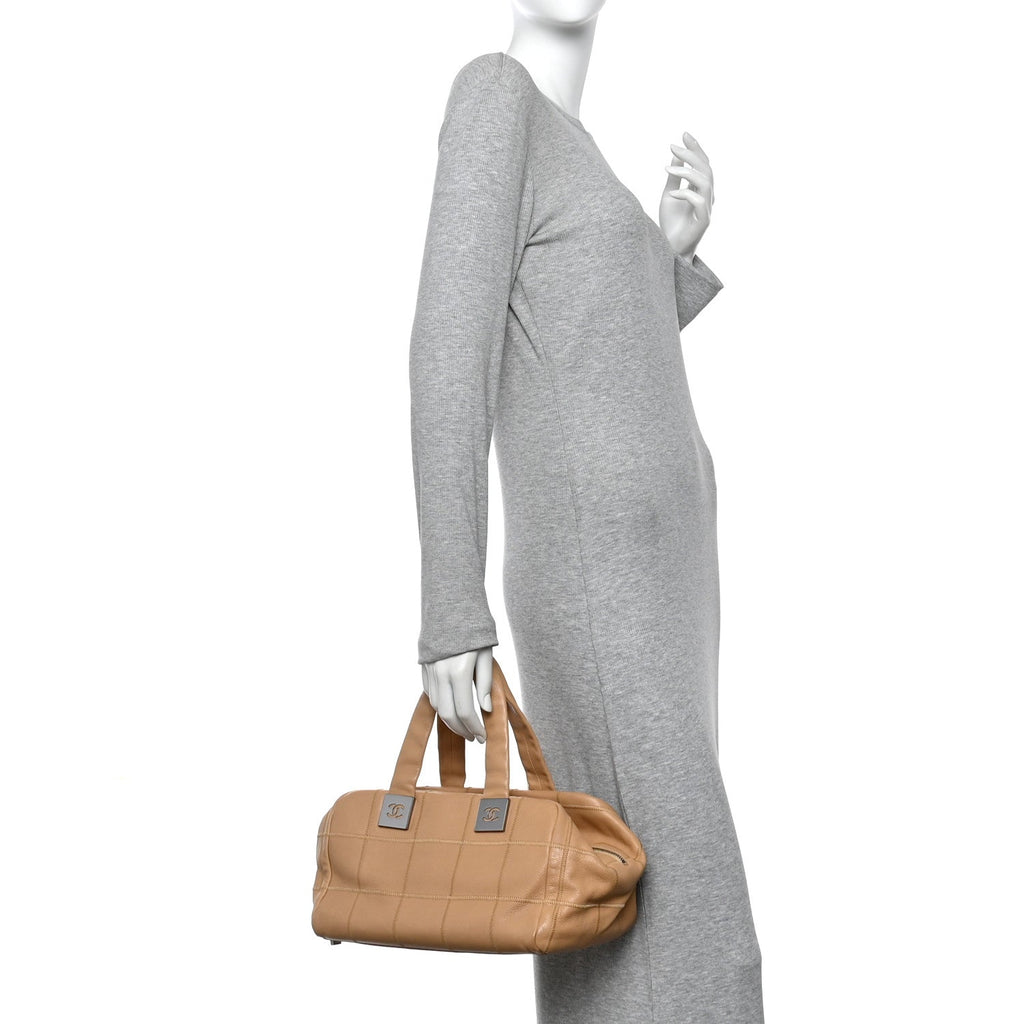 Chanel Caviar Square Stitched Bowler Beige