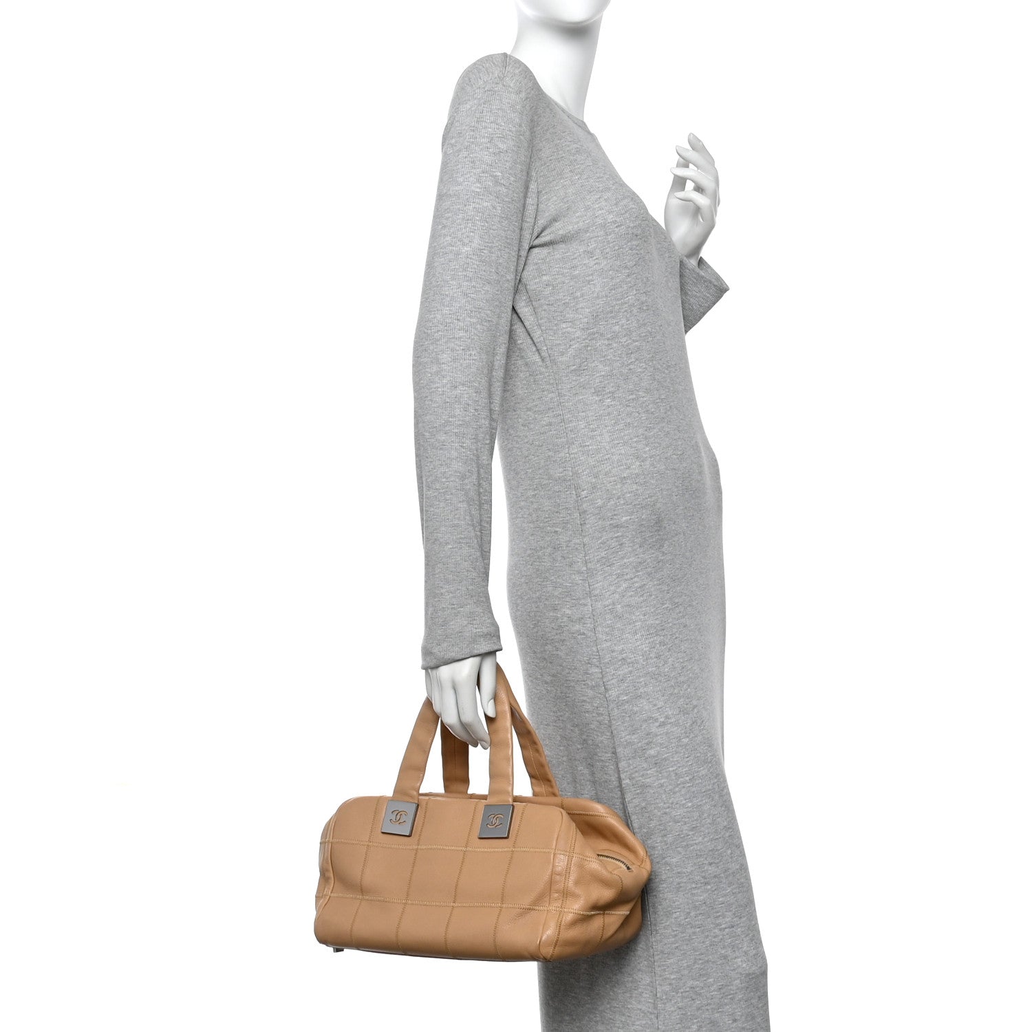 Chanel Caviar Square Stitched Bowler Beige