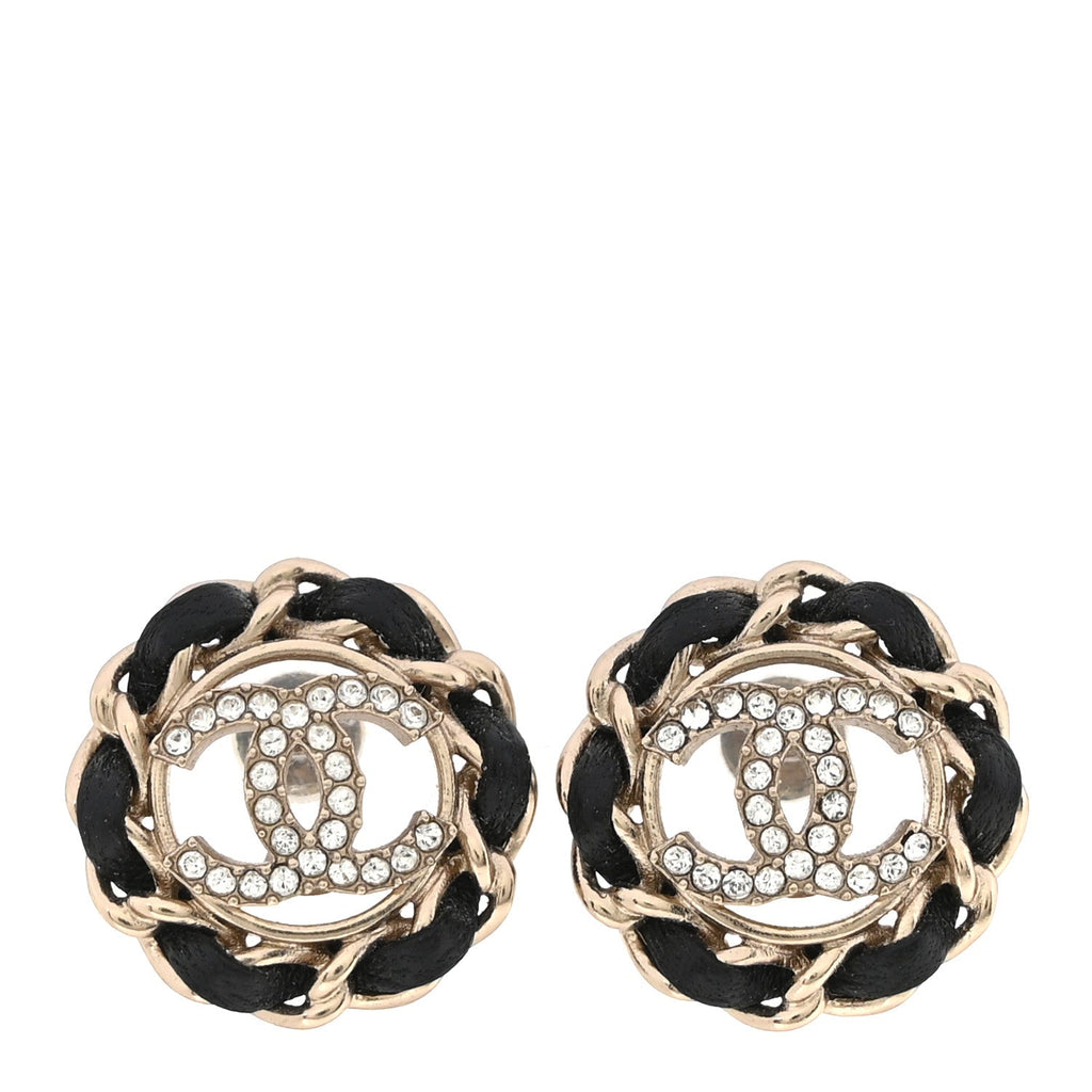 Crystal Lambskin Chain CC Stud Earrings Black Gold