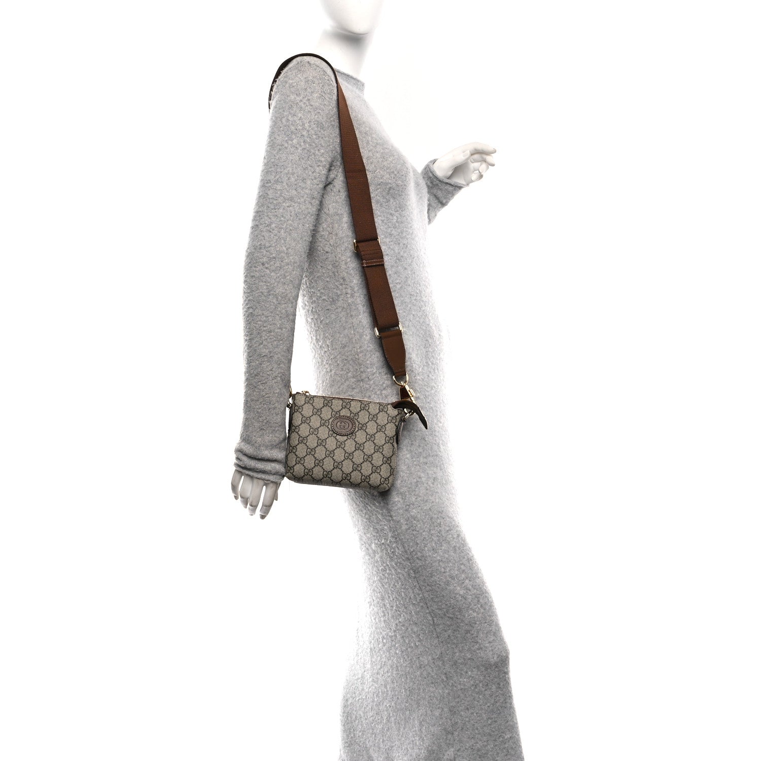 Gucci GG Supreme Monogram Azalea Calfskin Small Retro Interlocking G Wristlet Messenger Bag Beige Ebony Brown Sugar