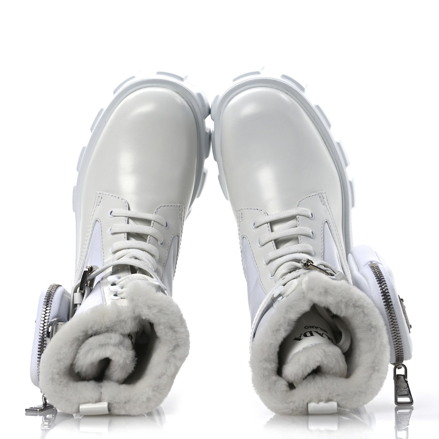 Prada Spazzolato Rois Nylon Shearling Metal Triangle Logo Monolith Pouch Pocket 55mm Boots 35.5 White