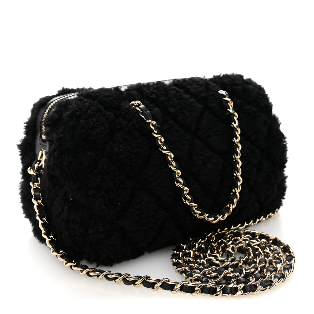 Chanel Shearling Quilted Barrel Clutch With Chain Black
