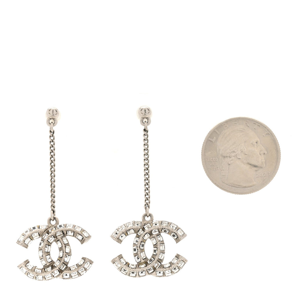 Baguette Crystal CC Drop Earrings Silver