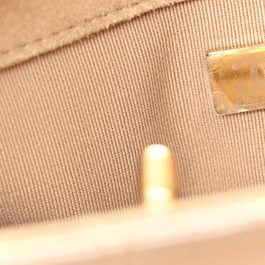 Chanel Shiny Calfskin Suede Goatskin Quilted Hobo Beige