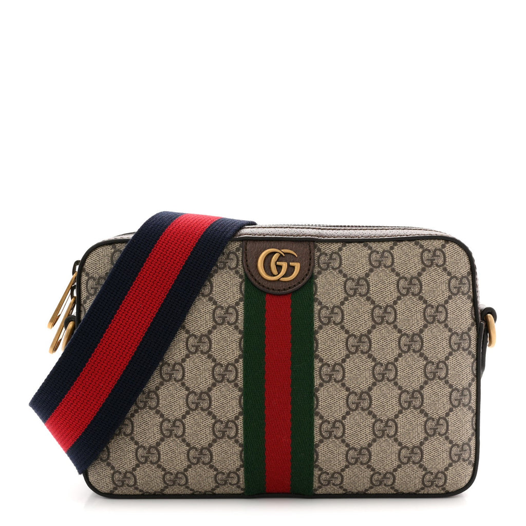 Gucci GG Supreme Monogram Textured Dollar Calfskin Web Ophidia Wristlet Shoulder Bag Beige Ebony New Acero