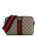 Gucci GG Supreme Monogram Textured Dollar Calfskin Web Ophidia Wristlet Shoulder Bag Beige Ebony New Acero