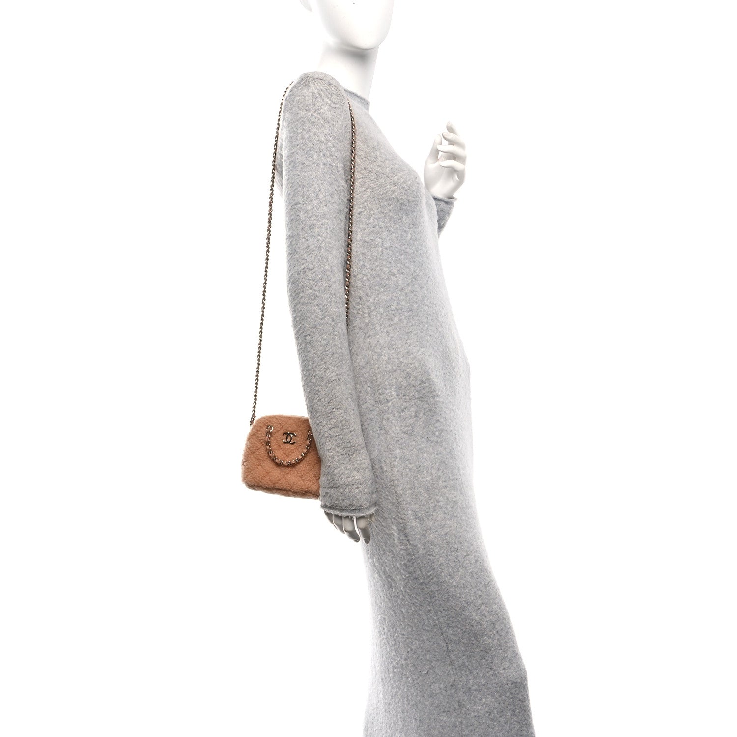 Chanel Shearling Quilted Shiny Coco Clutch With Chain Dark Beige