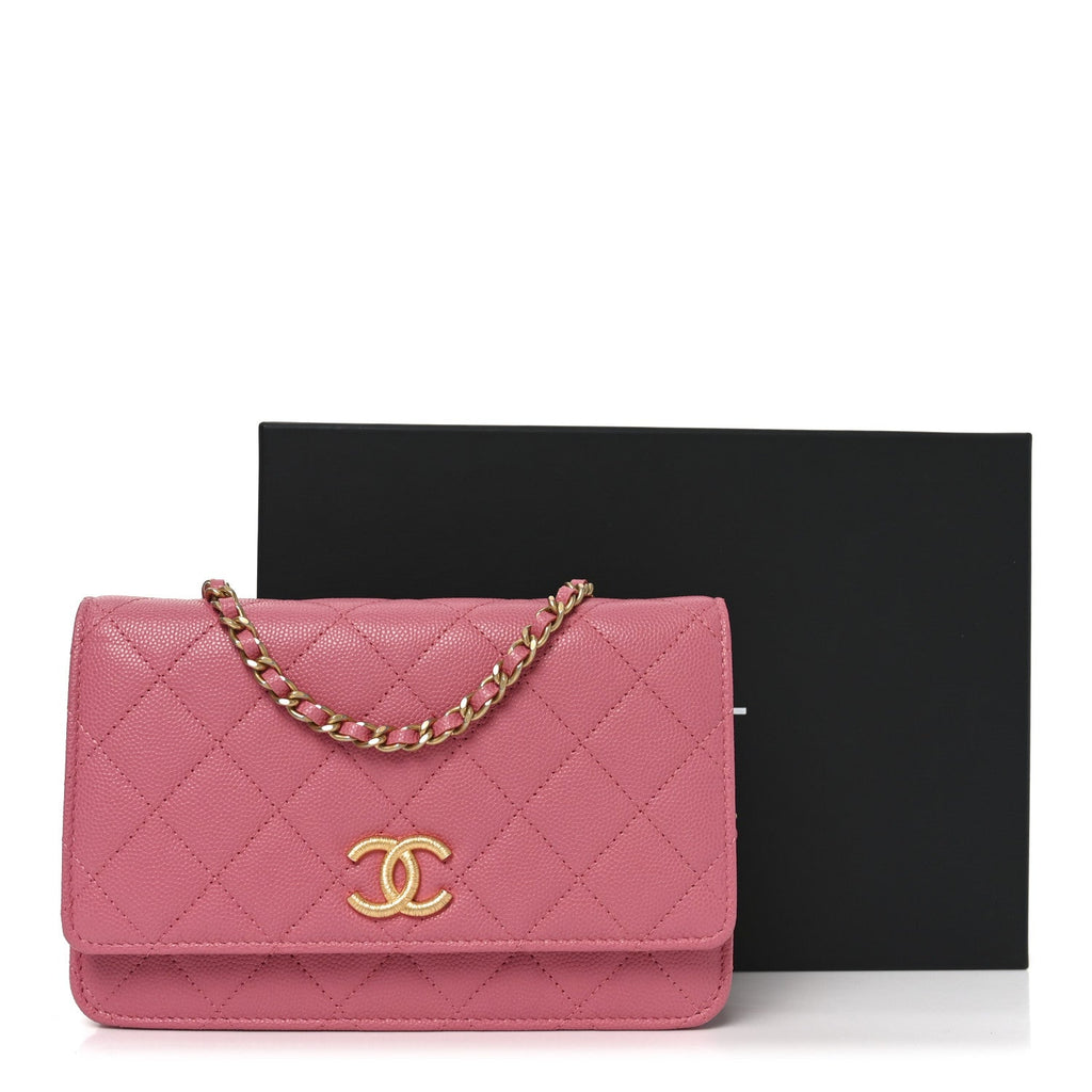 Chanel Caviar Quilted Textured CC Wallet On Chain WOC Pink