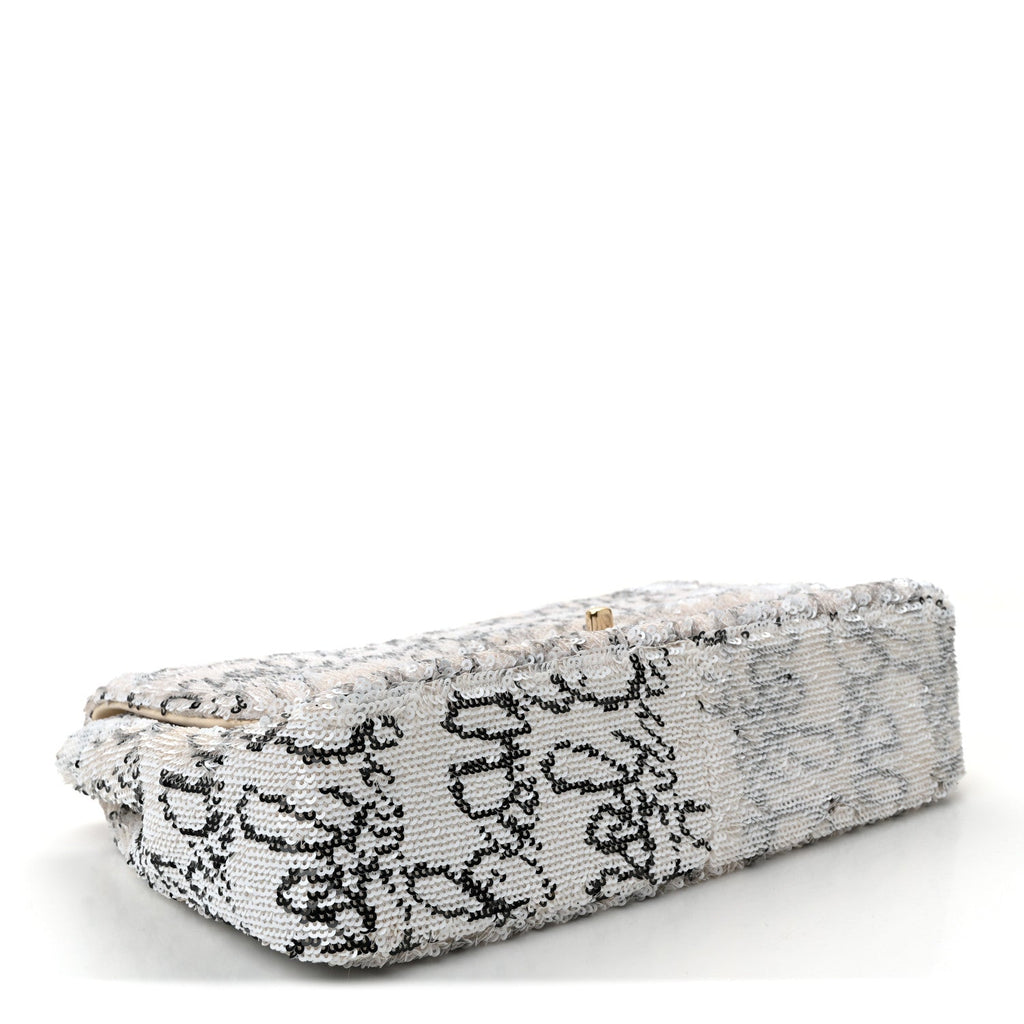 Chanel Sequin Logo Medium Flap White Black