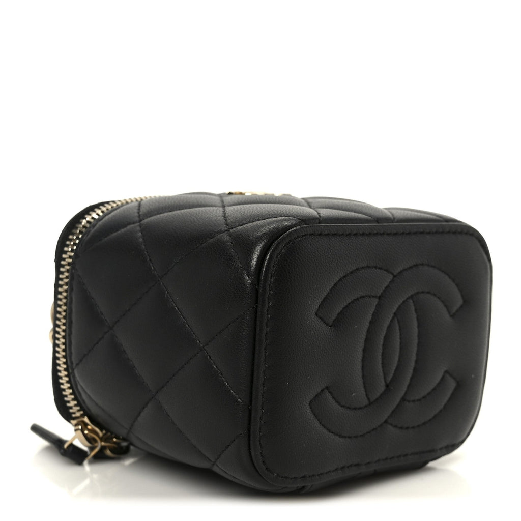 Chanel Lambskin Quilted Top Handle Mini Vanity Case With Chain Black