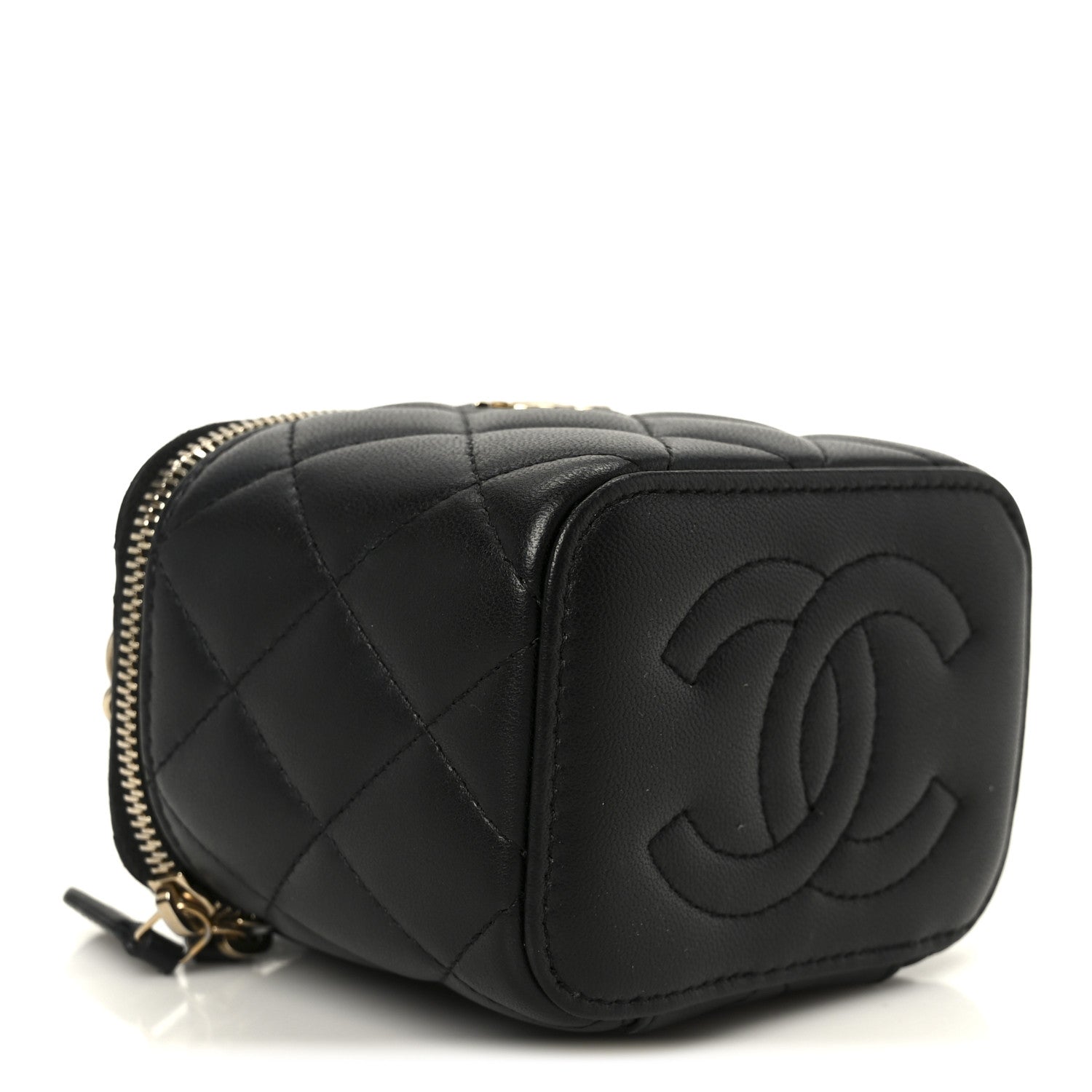 Chanel Lambskin Quilted Top Handle Mini Vanity Case With Chain Black