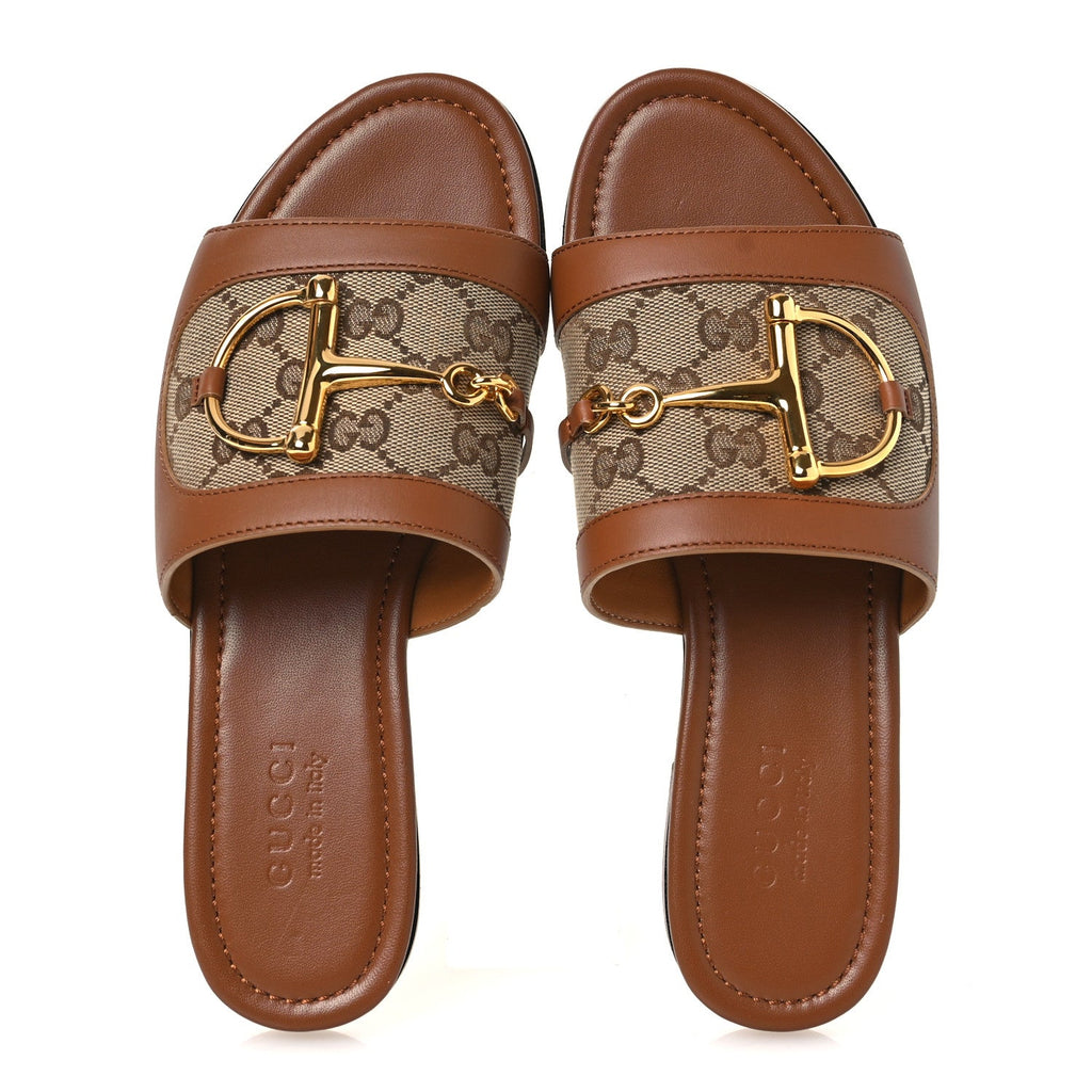 Gucci Calfskin Monogram Horsebit Womens Slide Sandals 37 Beige Ebony Sundial