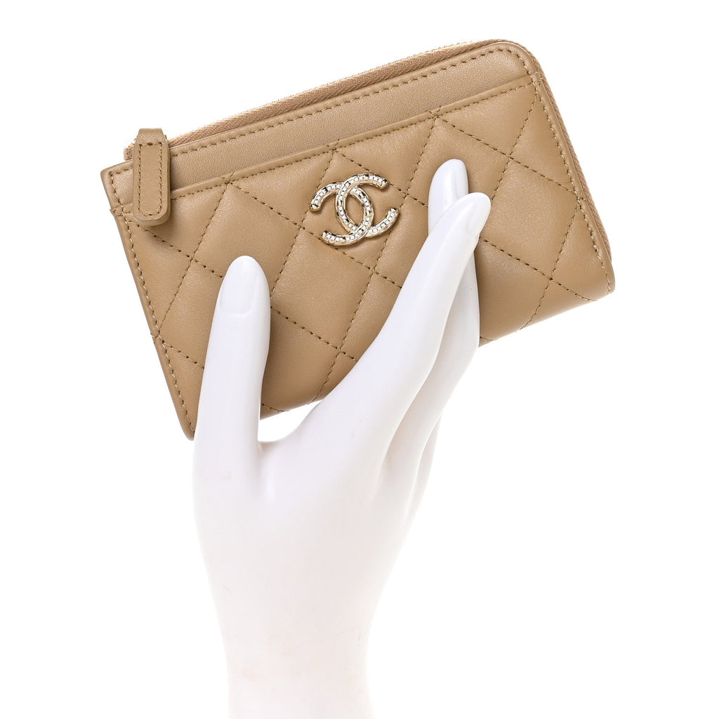 Lambskin Quilted Crystal CC Zip Card Holder Dark Beige