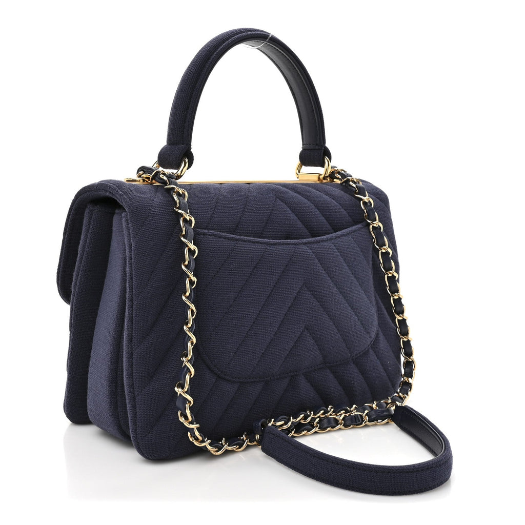 Chanel Jersey Chevron Quilted Small Trendy CC Dual Handle Flap Bag Navy Blue