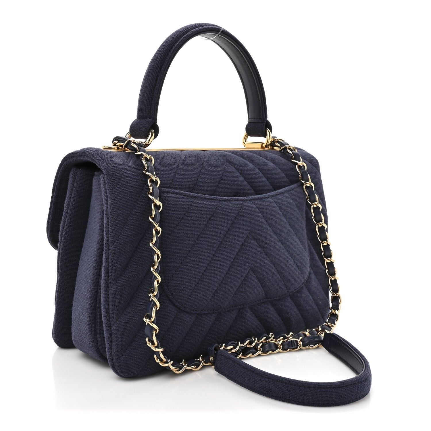 Chanel Jersey Chevron Quilted Small Trendy CC Dual Handle Flap Bag Navy Blue