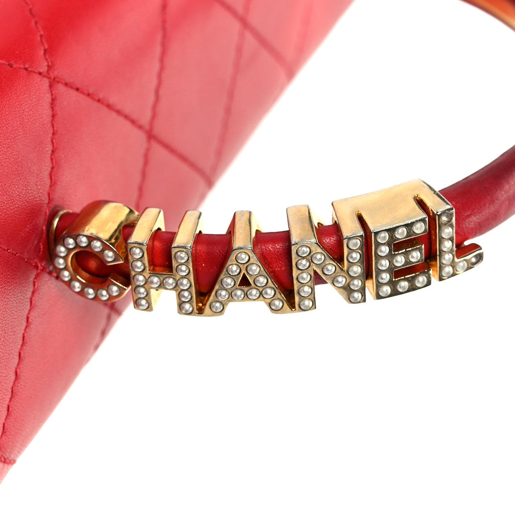 Chanel Lambskin Stitched Pearl Logo Top Handle Flap Red