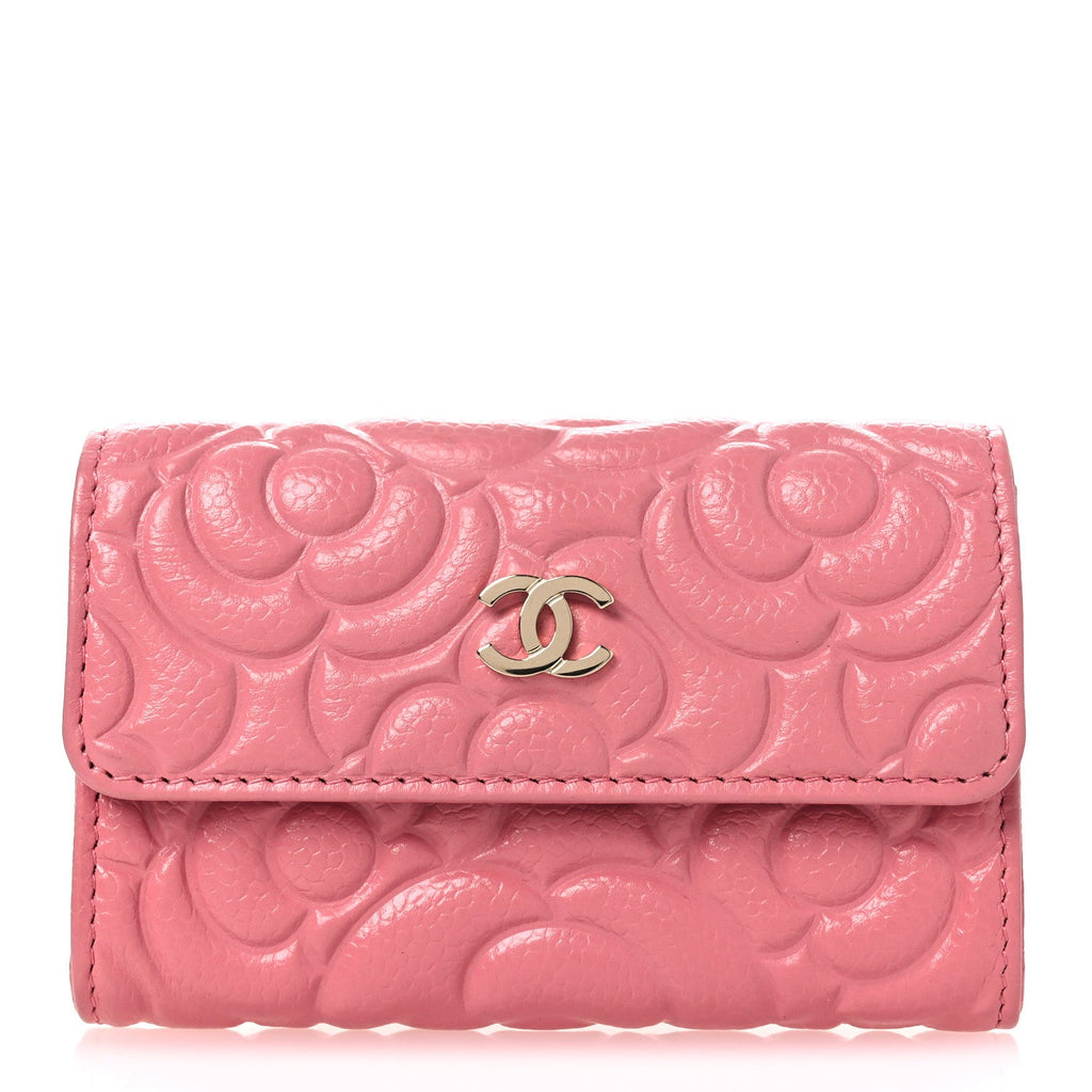 Caviar Camellia Embossed Card Holder Wallet Pink