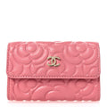 Caviar Camellia Embossed Card Holder Wallet Pink