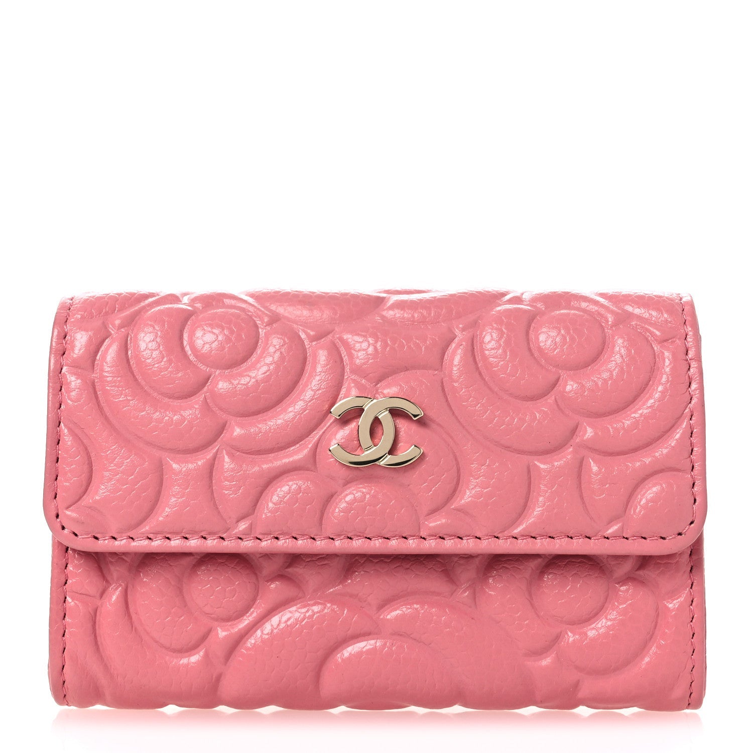 Caviar Camellia Embossed Card Holder Wallet Pink