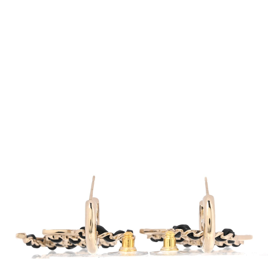 Lambskin Chain CC Drop Earrings Black Gold