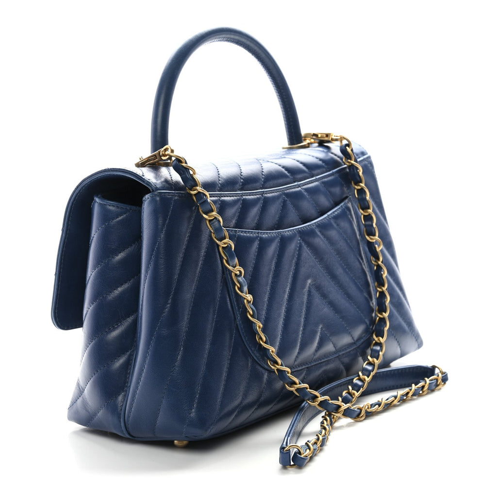 Chanel Aged Calfskin Chevron Quilted Small Coco Handle Flap Blue