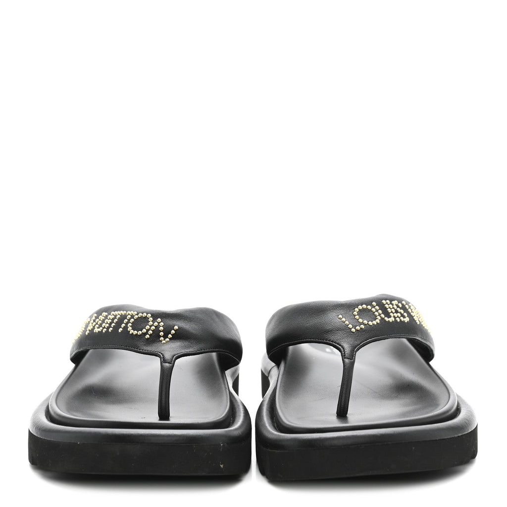 Louis Vuitton Calfskin Logo Studded Pillow Flat Thong Sandals 35 Black