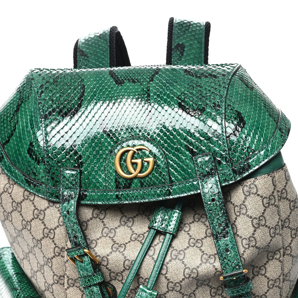 Gucci GG Supreme Monogram Snakeskin Ophidia Double Buckle Backpack Brown Green