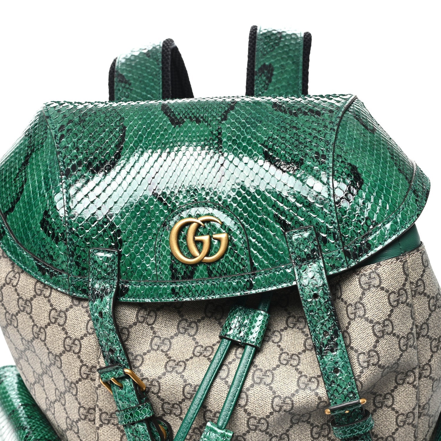 Gucci GG Supreme Monogram Snakeskin Ophidia Double Buckle Backpack Brown Green