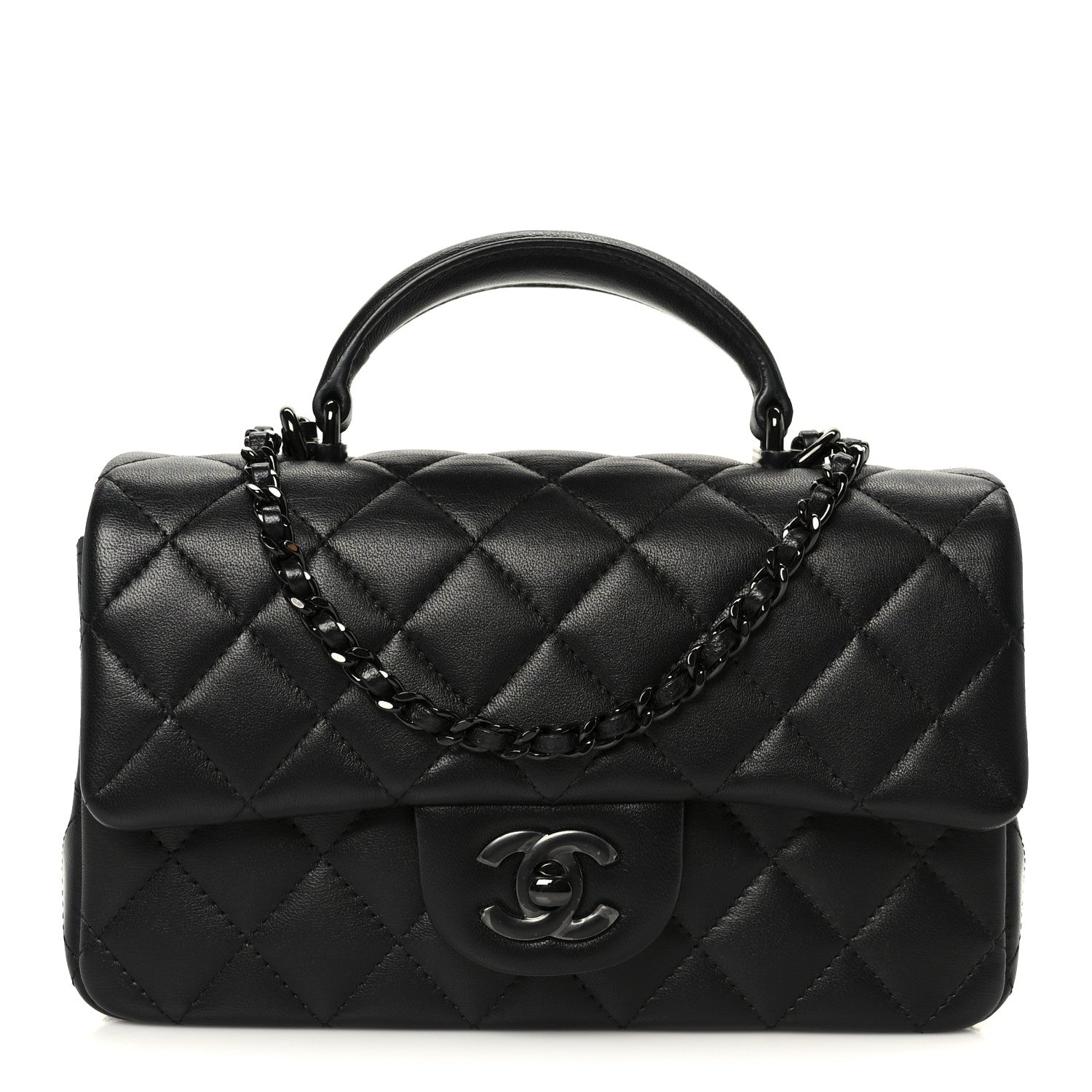 Chanel Lambskin Quilted Mini Top Handle Rectangular Flap So Black