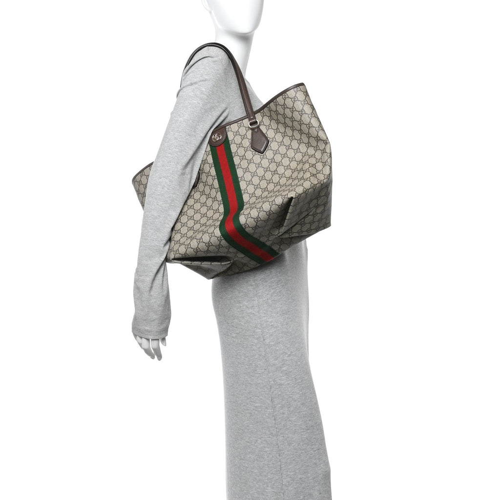 Gucci GG Supreme Monogram Calfskin Web Large Ophidia Tote Beige Dark Brown