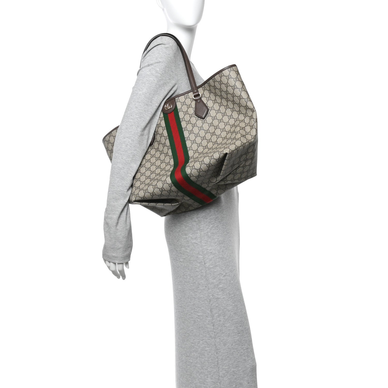 Gucci GG Supreme Monogram Calfskin Web Large Ophidia Tote Beige Dark Brown