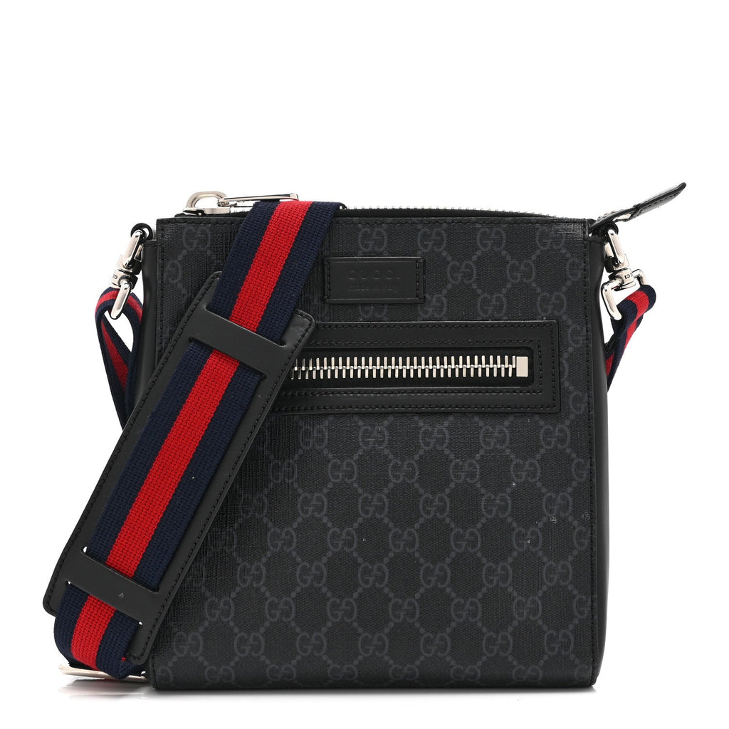 Gucci GG Supreme Monogram Web Small Flat Messenger Bag Black Grey