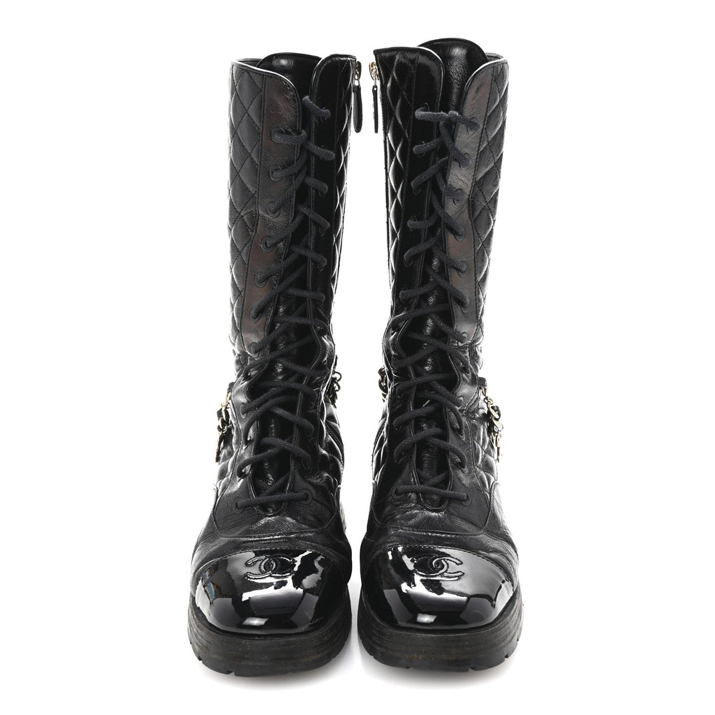 Chanel Shiny Calfskin Patent Quilted Chain Lace Up Combat Long Boots 38.5 Black