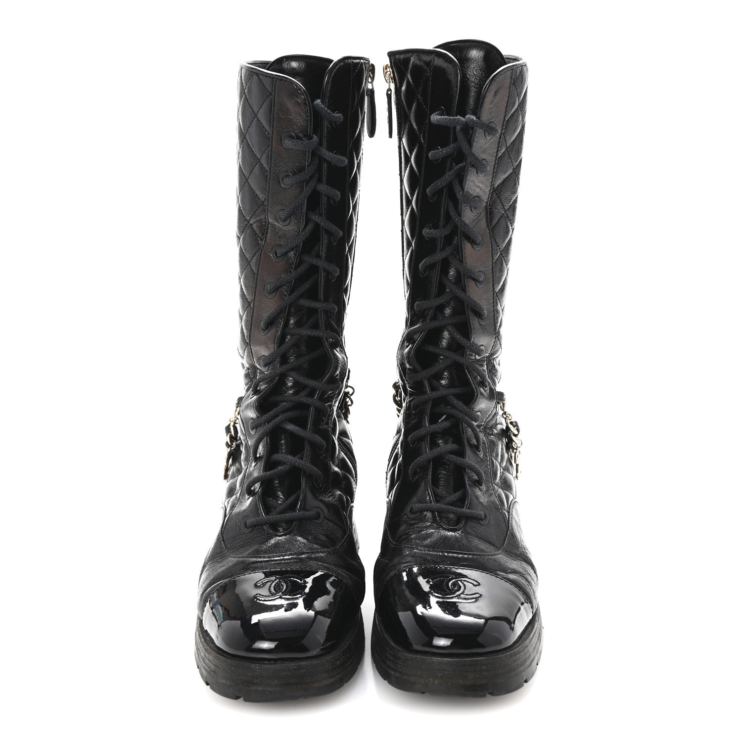 Chanel Shiny Calfskin Patent Quilted Chain Lace Up Combat Long Boots 38.5 Black