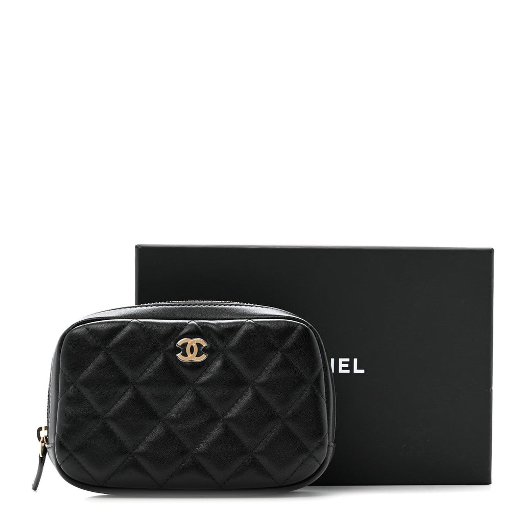Lambskin Quilted Small Curvy Pouch Cosmetic Case Black