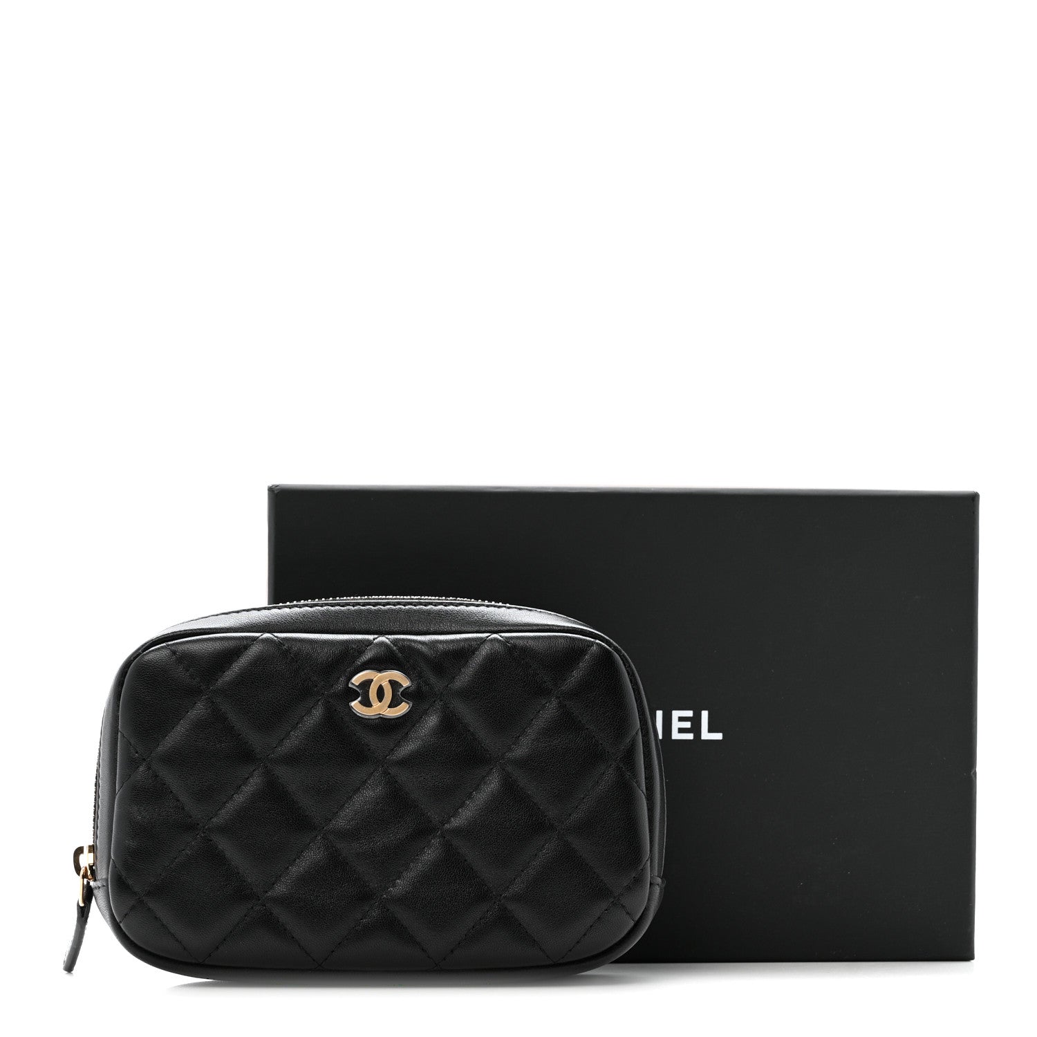 Lambskin Quilted Small Curvy Pouch Cosmetic Case Black