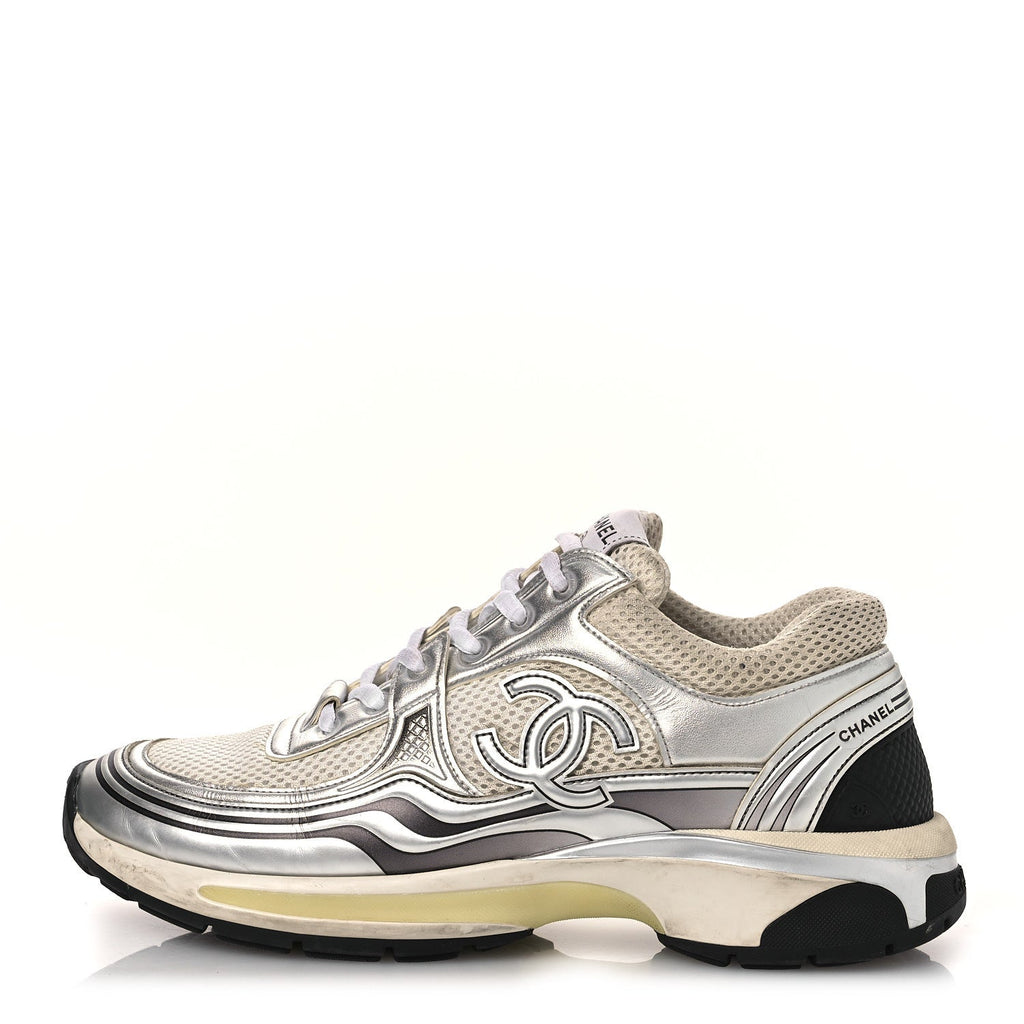 Fabric Laminated Calfskin Stretch CC Sneakers 39.5 White Silver