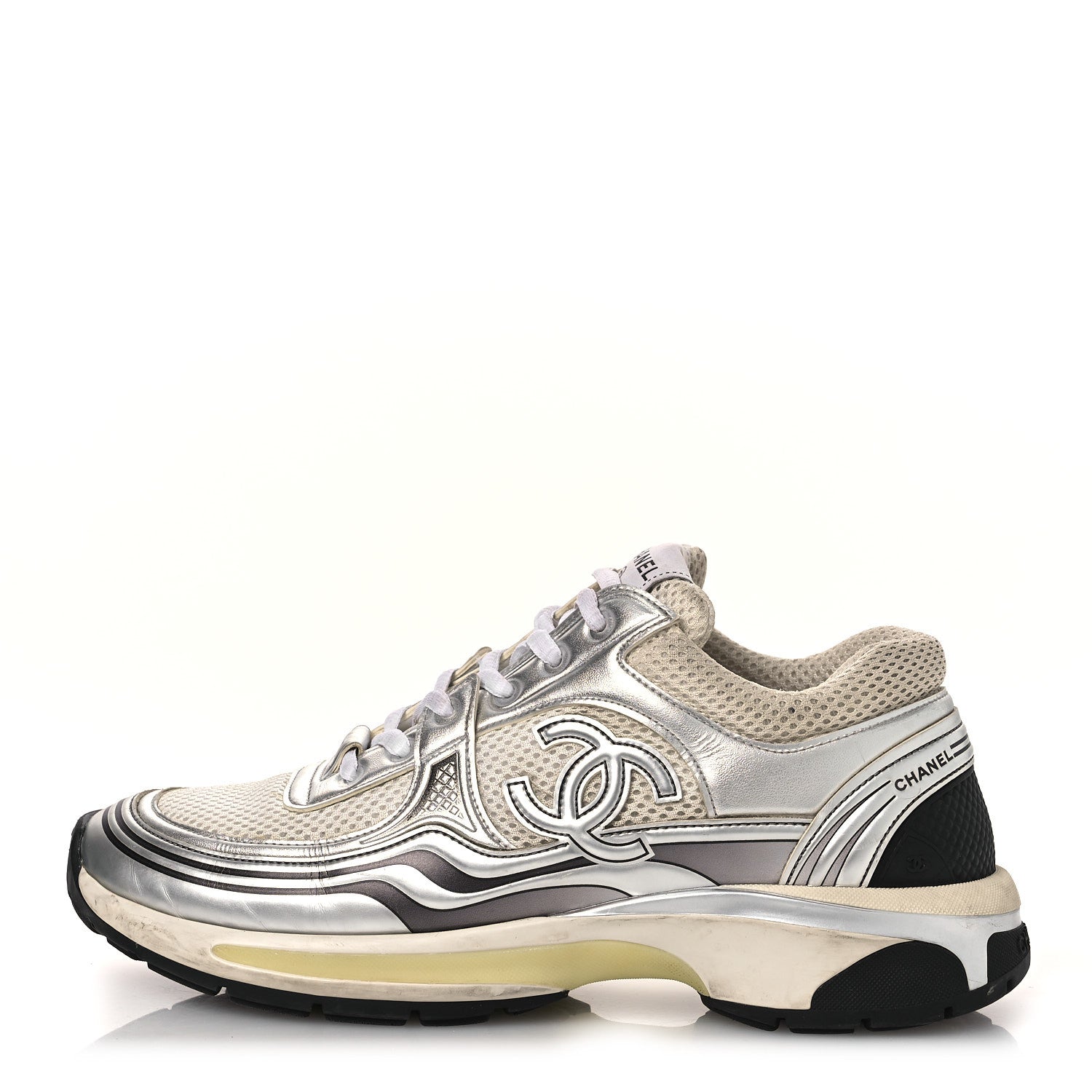 Fabric Laminated Calfskin Stretch CC Sneakers 39.5 White Silver