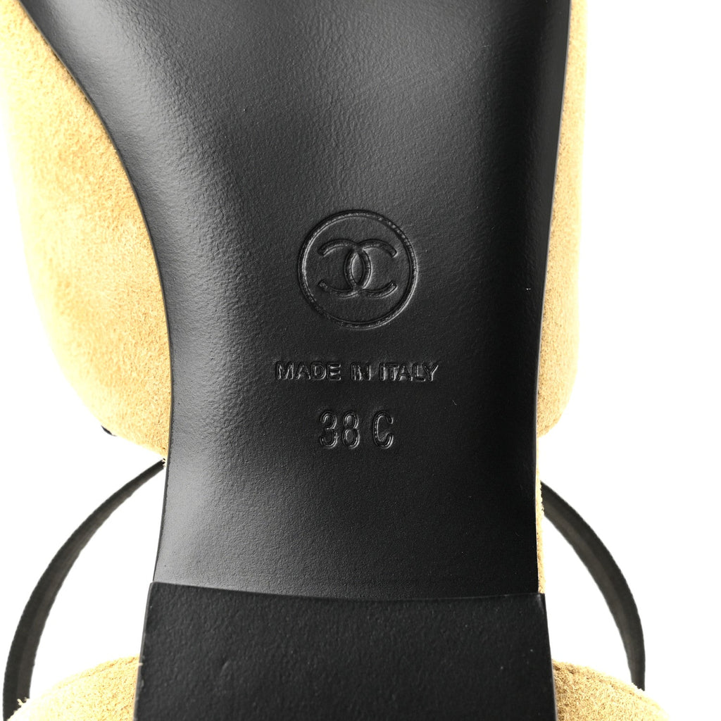 Chanel Suede Grosgrain Bow Cap Toe CC Slingback Flats 38 Beige Black