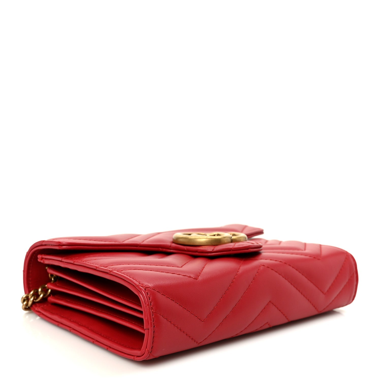 Gucci Calfskin Matelasse GG Marmont Chain Wallet Hibiscus Red