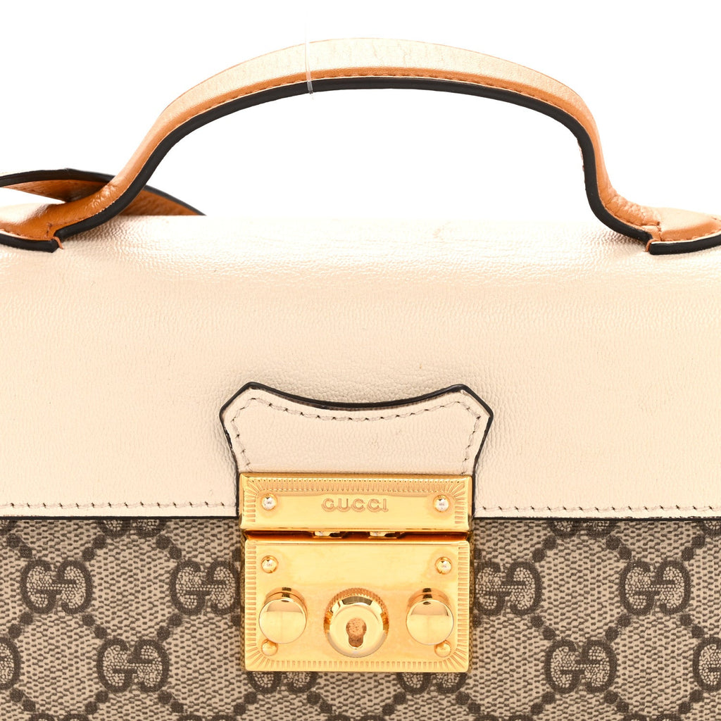 Gucci GG Supreme Monogram New Sakai Calfskin Mini Padlock Top Handle Shoulder Bag Beige Ebony Mystic White Sun Oil