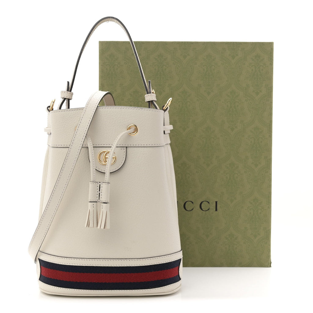 Gucci Glazed Textured Calfskin Web Small Ophidia Bucket Bag Mystic White