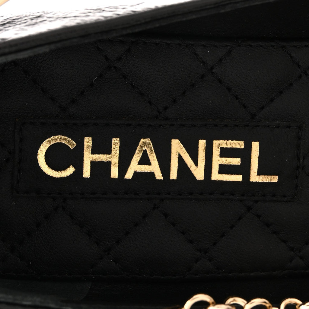 Chanel Shiny Lambskin Pearl Cap Toe Ankle Chain Ballerina Flats 39 Black