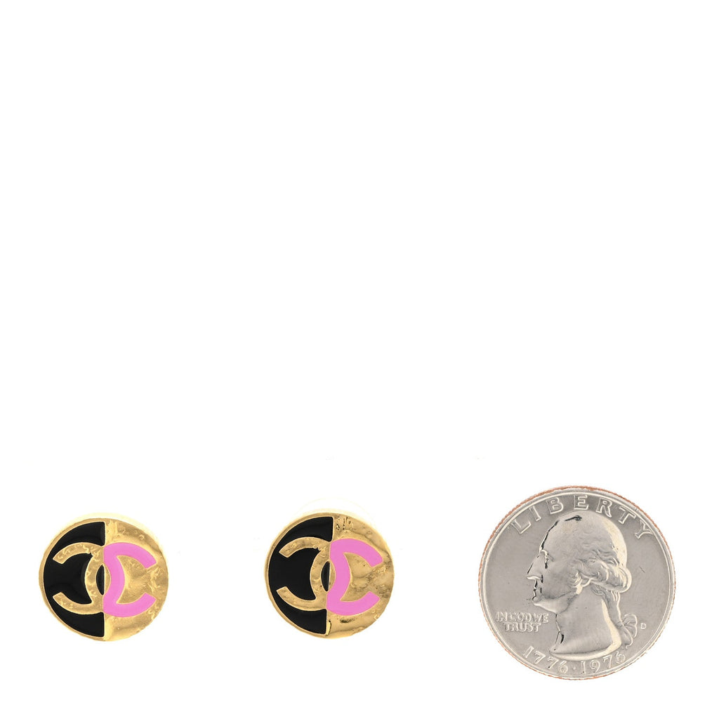 Metal Enamel CC Round Earrings Gold Pink Black