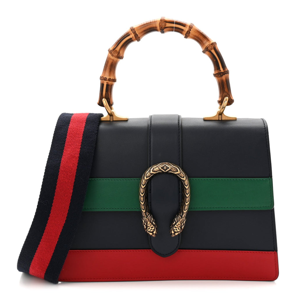 Gucci Moon Calfskin Web Medium Dionysus Bamboo Top Handle Bag Black Bright Evergreen Hibiscus Red